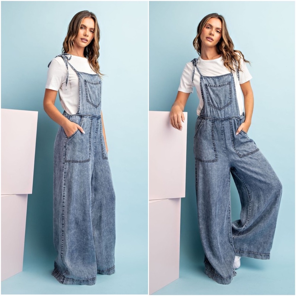 031 Boho Blue Mineral Washed Wide Leg Pockets Jumpsuit - Picture 9 of 10